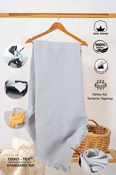 Huggy Gray Muslin Blanket 100X130 – 4 Layers 100% Cotton Baby Swaddle Cover
