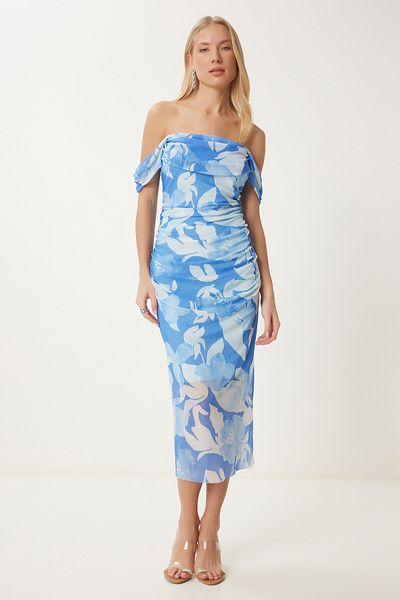 Happiness İstanbul Blaues, drapiertes, gemustertes Midikleid für Damen UB00338