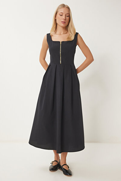 Happiness İstanbul Dámské černé šaty na zip s detailním midi poplínem UB00340