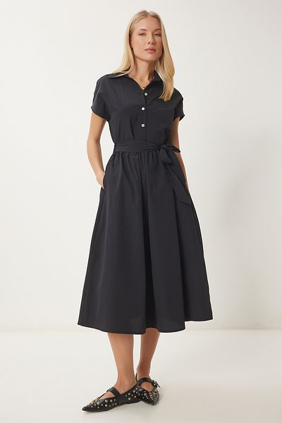 Happiness İstanbul Rochie cămașă țesătă midi cu curea neagră pentru femei UB00362