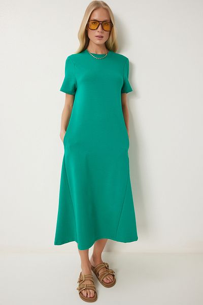Happiness İstanbul Dunkelgrünes A-Linien-Sommerkleid aus gekämmter Baumwolle für Damen UB00060