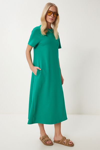 Happiness İstanbul Dunkelgrünes A-Linien-Sommerkleid aus gekämmter Baumwolle für Damen UB00060