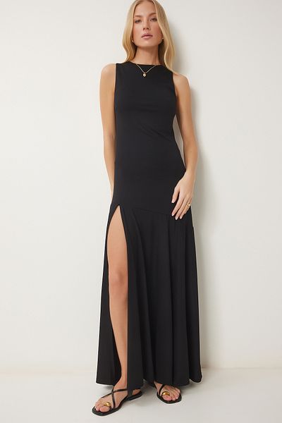 Happiness İstanbul Schwarzes, tief geschlitztes, langes Sommer-Strickkleid für Damen UB00357