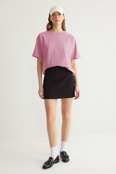 Trendyol Collection Světle růžové pletené tričko ze 100% bavlny Crew Neck Oversize Fit