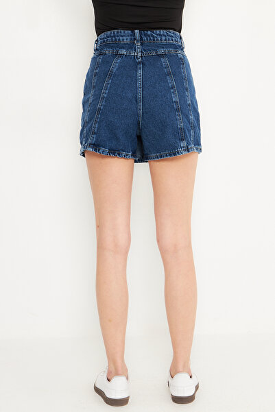 Trendyol Collection Dark Blue Slit Detailed High Waist Denim Shorts Skirt Twoss25Sr00149