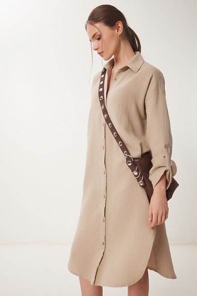 Happiness İstanbul Γυναικείο Μπεζ φόρεμα μουσελίνα Oversize SA00021