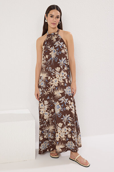 Trendyol Collection Καφέ Floral ίσιο φόρεμα Maxi υφαντό TWOSS25EL00583