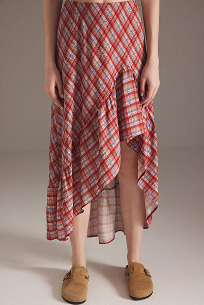Trendyol Collection Multicolored Plaid Patterned Hem Asymmetrical Midi Length Skirt Twoss25Et00155