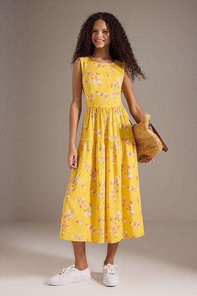 Trendyol Collection Rochie țesătă midi cu volan și decupat cu flori galbene TWOSS21EL0709