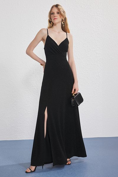 Trendyol Collection Schwarzes, glitzerndes, glitzerndes, gestricktes Abendkleid in A-Linie TPRSS25AE00175