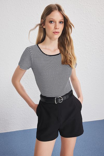 Trendyol Collection Black Solid-Black Striped Blouse 2 Pack Fitlit Stretchy Knitted Blouse