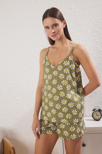 Trendyol Collection Green-Multicolor 100% Cotton Floral Heart Shorts Knitted Pajamas Set Thmss25Pt00121
