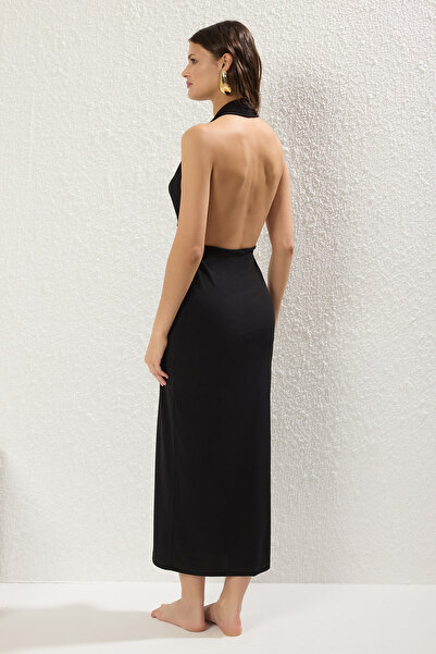 Trendyol Collection Μαύρο πλεκτό φόρεμα μάξι παραλίας με λεπτομέρεια αξεσουάρ TBESS25EL00095