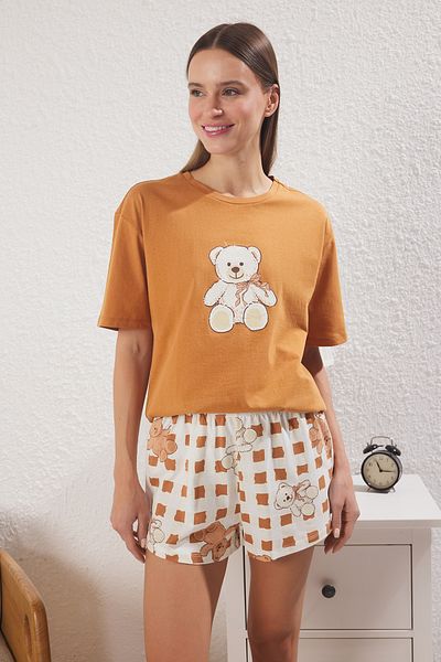 Trendyol Collection Béžová 100% bavlna Aykırı Pletená pyžamová souprava s kraťasy THMSS25PT00063