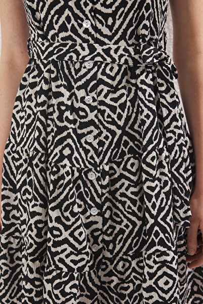 Trendyol Collection Polo Neck Black Stretchy Mini Skater Dress - with Button, Print Twoss25El00688