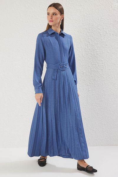 Trendyol Modest Φόρεμα Saks Ζώνη Πλισέ Υφαντό TCTSS25EB00115
