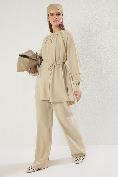 Trendyol Modest Mink lenvászon kevert gyöngyház gombos szőtt alsó-felső készlet TCTSS25US00030