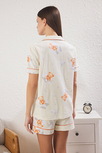 Trendyol Collection Ecru Cotton Teddy Bear and Galaxy Patterned Piping Pajamas Set Thmss25Pt00369