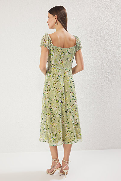 Trendyol Collection Light Green Floral Lined Chiffon Flight Flight Woven Midi Shirt Dress Twoss25El00563