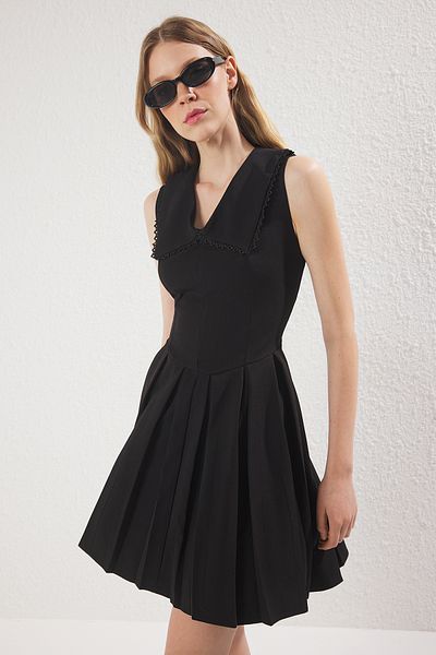 Trendyol Collection Black Collar Detailed Pleated Mini Woven Dress Twoss25El00787