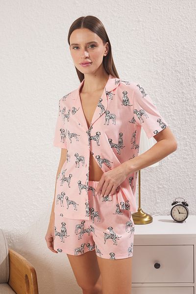 Trendyol Collection 100% Cotton Pink-Colovolmeli with Dog Joint Grind Pajamas Set Thmss25Pt00348