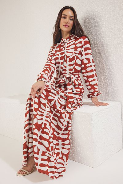 Trendyol Modest Hnědé tkané šaty se směsí vzoru TCTSS25EB00109