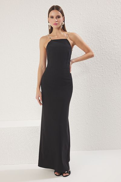 Trendyol Collection Schwarzes, mit Perlen gewebtes, langes, elegantes Abendkleid und Abschlusskleid TPRSS25AE00168