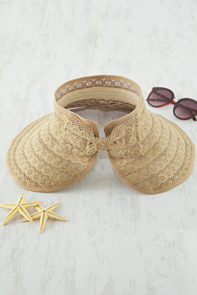 Trendyol Collection Béžová stuha Detailní slaměný dámský plážový klobouk TBESS25SP00002