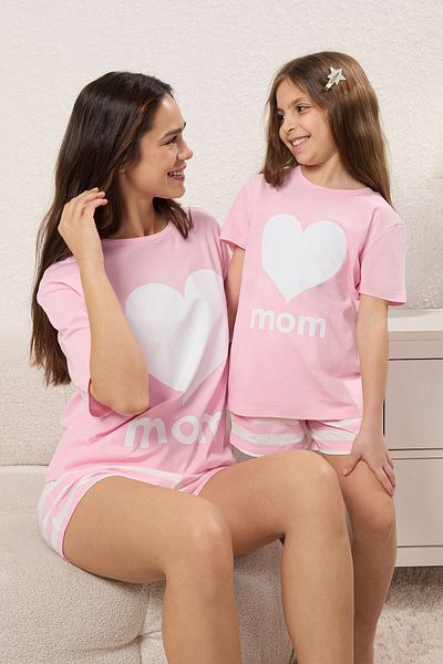 TRENDYOLKIDS Růžové Dámské Dětské 100% Bavlna Mini Me/Máma-Dcera Tričko Šortky Pletené Pyžamo Set TKDSS25PT00028