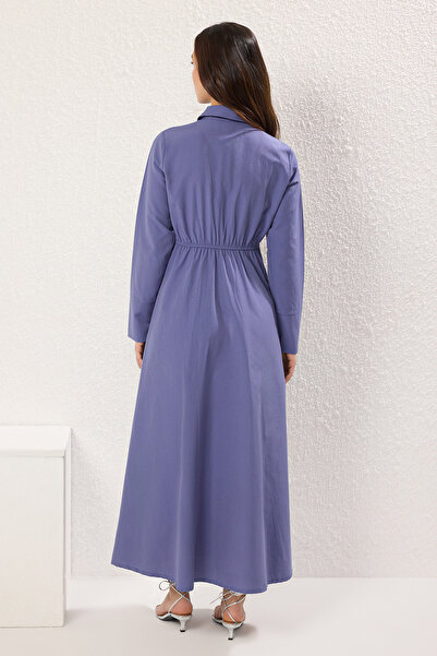 Trendyol Modest Indigo Bavlna Stříbrná Květina Knoflík Příslušenství Elastické tkané šaty TCTSS25EB00094