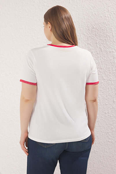 Trendyol Curve Boyfriend Fit Red Knitted T-Shirt - 100% Cotton, Printed Wash, Plus Size Tbbss25Bf00055