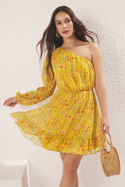 Trendyol Collection Κίτρινη φλοράλ φούστα με μονό μανίκι σιφόν Flight Flight υφαντό μίνι φόρεμα TWOSS25EL00442