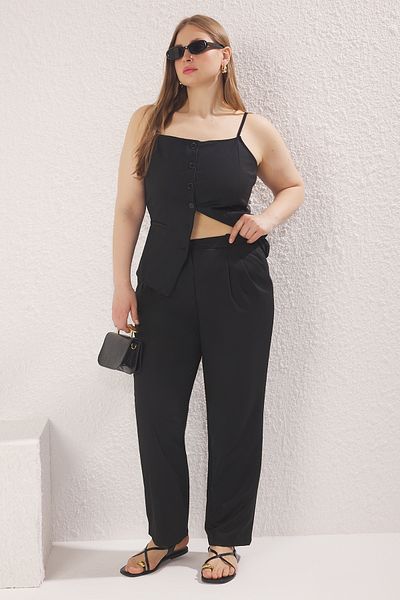 Trendyol Curve Black Straight/Straight Cut Pleated Woven Fabric Pants Tbbss25Ar00047