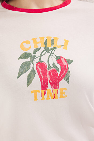 Trendyol Curve Boyfriend Fit Red Knitted T-Shirt - 100% Cotton, Printed Wash, Plus Size Tbbss25Bf00055