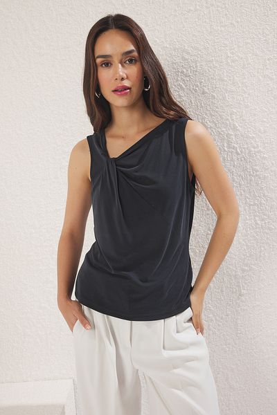 Trendyol Collection Anthracite Modal Content Asymmetrical Neck Zero Sleeve Regular Blouse