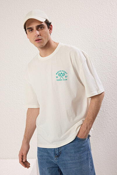 Trendyol Collection Бавовняна футболка з тенісним принтом в стилі екрю TMNSS25TS00116