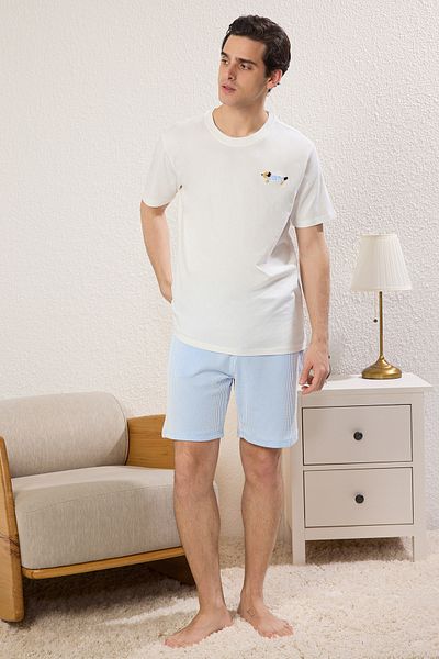 Trendyol Collection Ecru-blaues, regulär sitzendes, gestreiftes Pyjama-Set mit Hundestickerei – TMNSS25PT00007