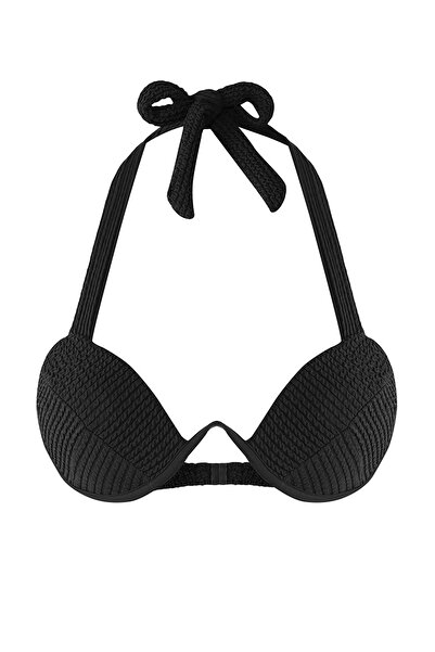 Trendyol Collection Black Balconette Reverse V Underwire Textured Push up Bikini Top Tbess25Bu00002