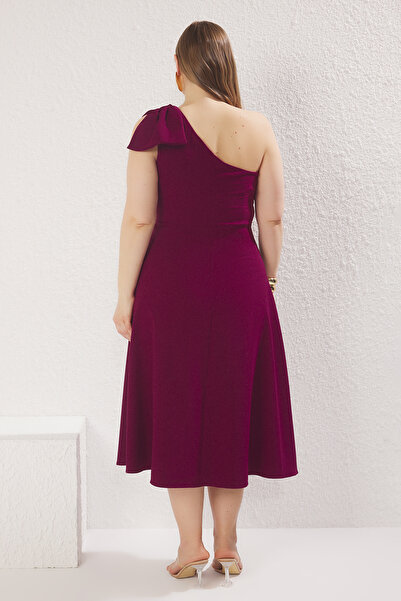 Trendyol Curve Plum One Shoulder Midi Woven Plus Size Dress with Ribbon
