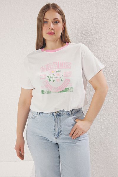 Trendyol Curve Μπλουζάκι Boyfriend Fit Plus Size 100% βαμβακερό ροζ - εμπριμέ που πλένεται TBBSS25BF00057