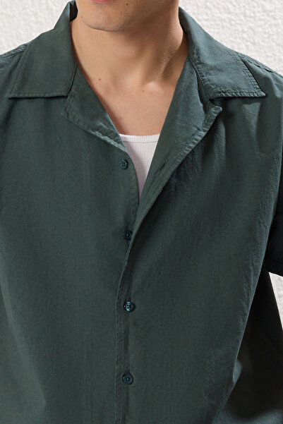 Trendyol Collection Темно-зелений Оверсайз Облягаючий комір апаж з коротким рукавом Льняна тканина 100 бавовна Літо Сорочка TMNSS25GO00018