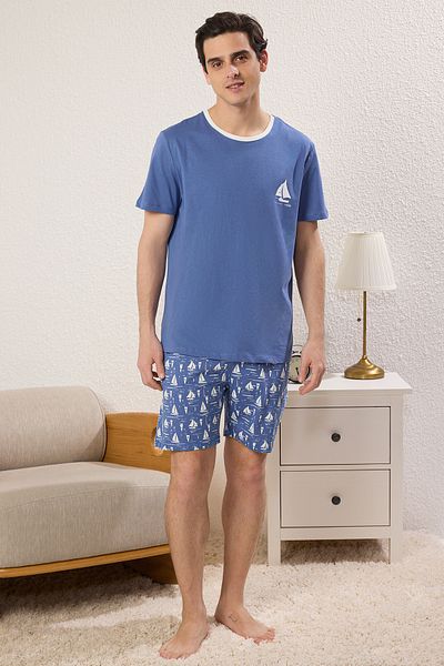 Trendyol Collection Modrá sada pyžama Slim Fit s potiskem a pletenými šortkami TMNSS25PT00031