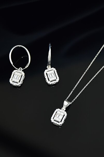 Papatya Silver 925 Ayar Gümüş Rodyum Kaplama Zirkon Baget Taşlı Halka Küpe Ve...