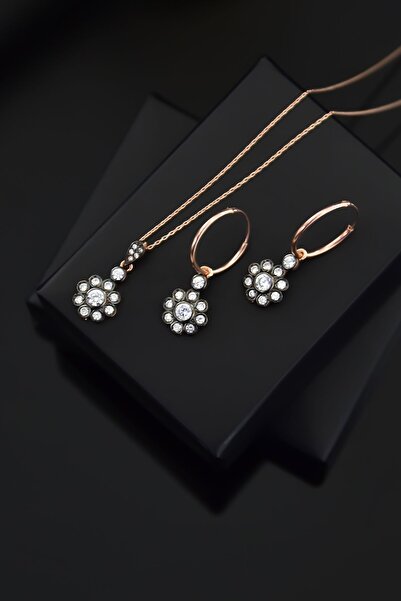 Papatya Silver 925 Ayar Gümüş Rose Kaplama Elmas Montür Çiçek Set