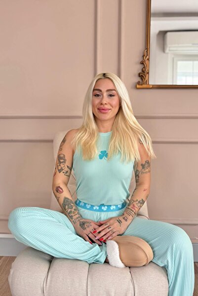 Pijamaevi Set de pijamale pentru femei cu mânecă zero tricotată cu model de trifoi turcoaz