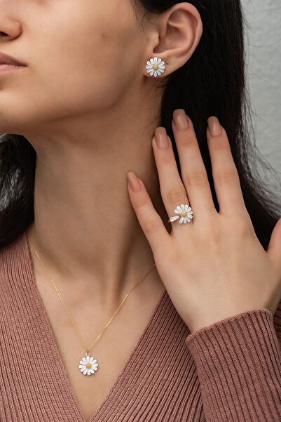 Papatya Silver 925 Ayar Gümüş Nano Mineli Özel Tasarım Altın Kaplama Papatya Set