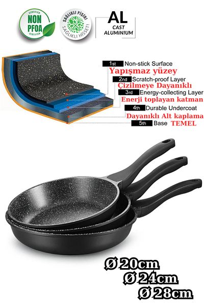 Comprox Granite Cast Pan Set 3 Pieces - 20Cm-24Cm-28Cm - Non-Stick Base Pfoa-Free