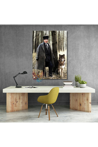 Artarilion Atatürk ve Kurt Görseli Kanvas Tablo Dikey Duvar Tablosu Ev Ofis T...