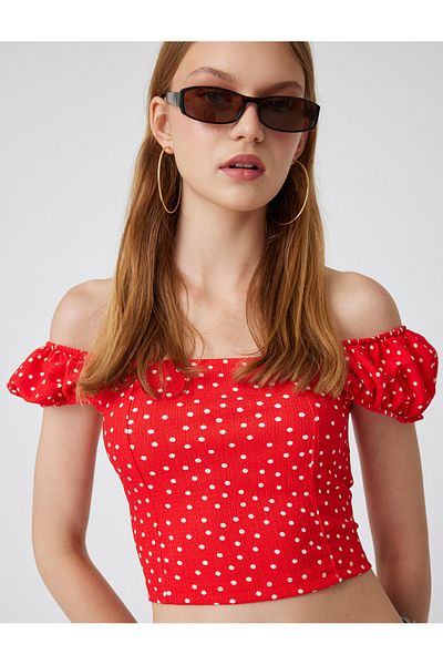 Koton New Season Balloon Sleeve Off-The-Shoulder Blouse Polka Dot Madonna Collar Wrap