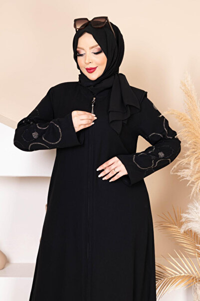 Tuğralı Tesettür Abaya Siyah Ve Beyaz Taşlı Krep Ferace